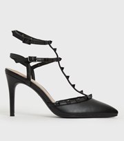 New Look Black Leather-Look Strappy Studded Stiletto Heel Court Shoes